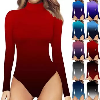 Женская осенне-зимняя футболка-комбинезон с длинным рукавом и высокой горловиной, цветной градиентный комбинезон M синий