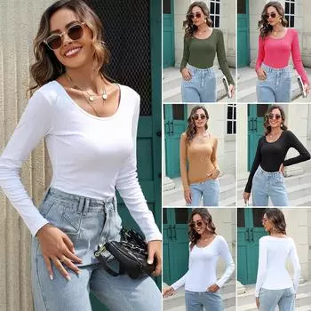 Женская осенне-зимняя футболка с длинным рукавом и U-образным вырезом, базовый слой, одежда S белый