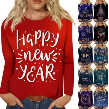 Женская осенне-зимняя футболка с круглым вырезом и длинными рукавами, топ с принтом на Новый год 2024 S