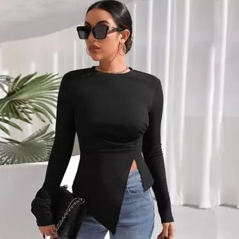 Женская осенне-зимняя футболка с круглым вырезом и приталенным фасоном, модная, темпераментная, с длинным рукавом, нестандартная S чёрный