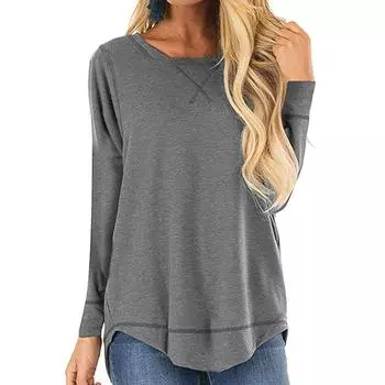 Женская осенне-зимняя футболка с круглым вырезом и длинными рукавами, однотонная, свободная, нерегулярной длины, женские футболки S чёрный