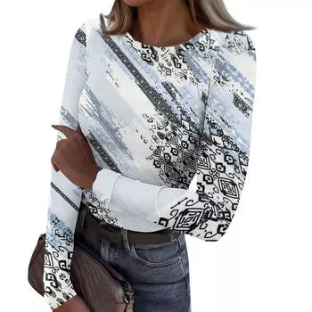 Женская осенне-зимняя футболка с тонким низом, модная повседневная футболка с круглым вырезом и принтом, длинный рукав L синий