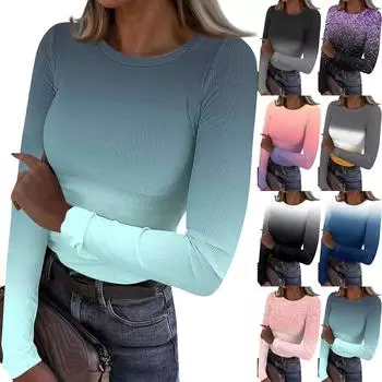 Женская осенне-зимняя футболка с тонким низом, модная повседневная футболка с градиентным принтом и круглым вырезом, длинный рукав L чёрный