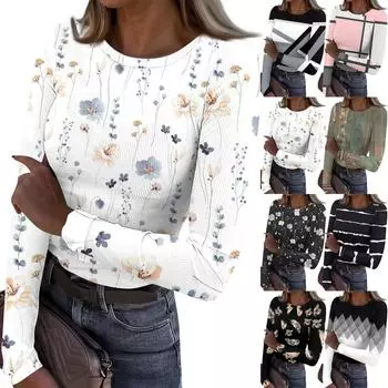 Женская осенне-зимняя футболка с тонким низом, модная повседневная футболка с круглым вырезом и принтом, длинный рукав M чёрный