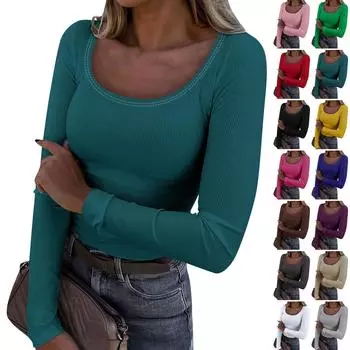 Женская осенне-зимняя футболка с тонкой нижней частью, модный повседневный однотонный пуловер с круглым вырезом и длинными рукавами