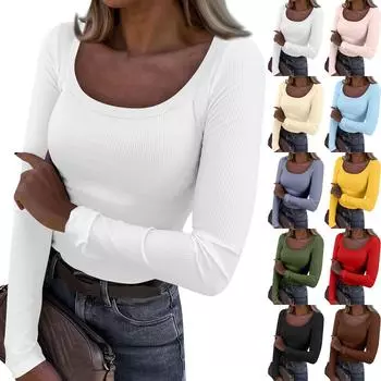 Женская осенне-зимняя футболка с тонкой нижней частью, модный повседневный однотонный пуловер с круглым вырезом и длинными рукавами
