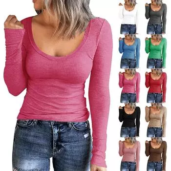 Женская осенне-зимняя футболка с тонкой нижней частью, модный повседневный однотонный пуловер с круглым вырезом и длинными рукавами M коричневый