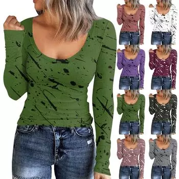 Женская осенне-зимняя футболка с тонкой нижней частью, модный повседневный пуловер с круглым вырезом и длинным рукавом в стиле ретро с принтом L фиолетовый