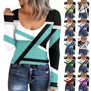 Женская осенне-зимняя футболка с тонкой нижней частью, модный повседневный пуловер с круглым вырезом и длинным рукавом в стиле ретро с принтом XL синий