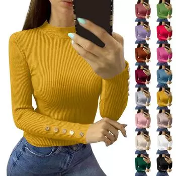 Женская осенне-зимняя футболка с зауженным низом, модный повседневный однотонный свитер с круглым вырезом и длинными рукавами M бежевый