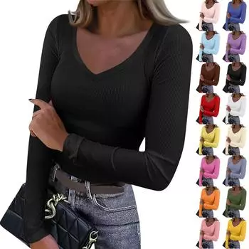 Женская осенне-зимняя футболка с зауженным низом, модный повседневный однотонный свитер с V-образным вырезом и длинными рукавами L армия зеленый