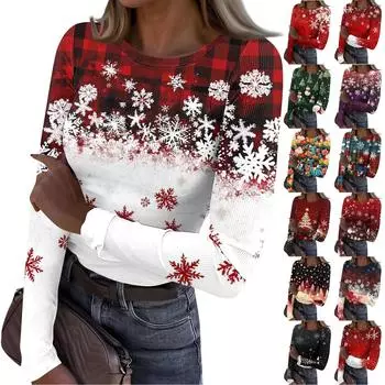 Женская осенне-зимняя футболка с зауженным низом, модная повседневная футболка с рождественским принтом, круглый вырез, пуловер с длинным рукавом XXXL красный