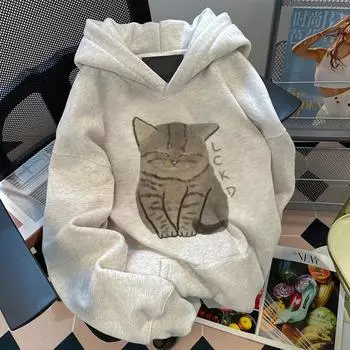 Женская осенне-зимняя хлопковая толстовка с капюшоном в университетском стиле с принтом кота, дизайнерская, универсальный топ M
