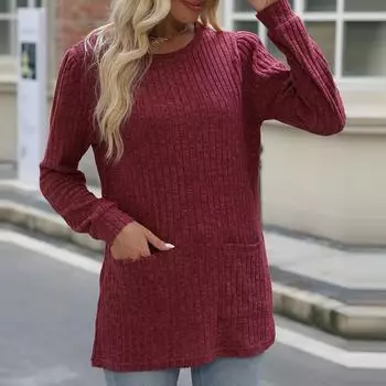 Женская осенне-зимняя карманная модная верхняя повседневная свободная футболка с пузырьковыми рукавами S чёрный