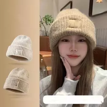 Женская осенне-зимняя кашемировая вязаная защитная шапка для ушей, большая повязка на голову, модная универсальная шерстяная шапка с вышитыми буквами One Size