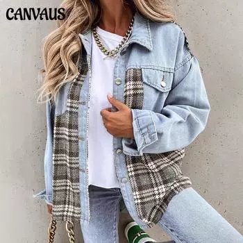 Женская осенне-зимняя клетчатая свободная однобортная джинсовая куртка контрастного цвета, женский топ, кардиган с длинным рукавом S светло-синий