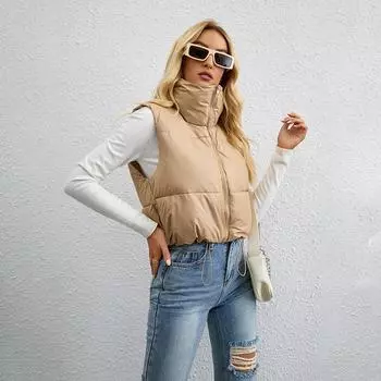 Женская осенне-зимняя короткая однотонная утепленная верхняя одежда из хлопка с воротником-стойкой, теплая куртка без рукавов, пальто, жилет M хаки