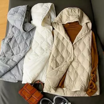 Женская осенне-зимняя куртка без рукавов с белой утиной пуховой курткой, парка с подкладкой, жилет с коротким капюшоном и ромбовидной решеткой, свободный однотонный цвет S бежевый