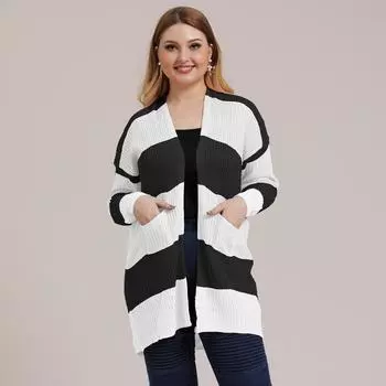 Женская осенне-зимняя куртка большого размера в полоску в стиле пэчворк, тканая, свитер L синий