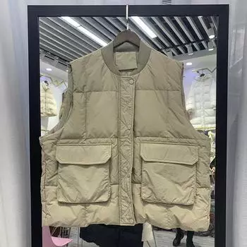 Женская осенне-зимняя куртка на белом утином пуху, жилет, куртка на белом утином пуху, жилет, свободный мягкий воротник-стойка, однобортный, с большим карманом, тонкий S чёрный