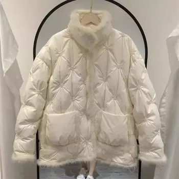 Женская осенне-зимняя куртка на белом утином пуху, пальто с подкладкой и короткой стойкой с меховым воротником, однобортный карман, свободный теплый однотонный цвет S чёрный