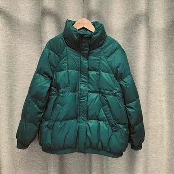 Женская осенне-зимняя куртка на белом утином пуху с подкладкой, короткий воротник-стойка, длинный рукав, карман на молнии, свободный утепленный однотонный цвет S чёрный