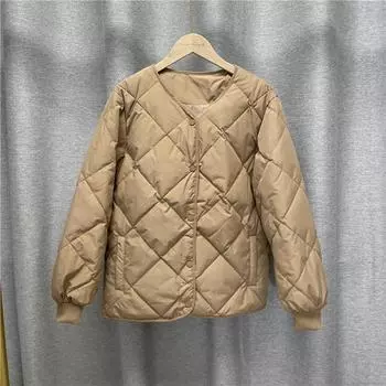 Женская осенне-зимняя куртка на белом утином пуху с мягкой подкладкой и круглым вырезом, однобортная, с длинными рукавами и карманами, тонкий однотонный цвет S чёрный