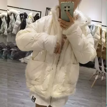 Женская осенне-зимняя куртка на белом утином пуху, пальто с подкладкой и короткой стойкой с меховым воротником, однобортный карман, свободный теплый однотонный цвет S чёрный