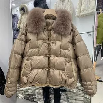 Женская осенне-зимняя куртка на белом утином пуху, мягкое пальто с коротким меховым воротником-стойкой, винтажный китайский карман с пряжкой, свободный теплый однотонный цвет M хаки