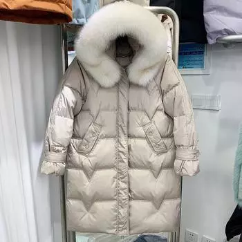 Женская осенне-зимняя куртка на белом утином пуху, стеганая парка с длинным капюшоном, меховым воротником, карманом на молнии, свободная теплая однотонная куртка M чёрный