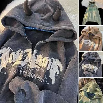 Женская осенне-зимняя куртка на молнии с капюшоном с буквенным узором Свободная толстая с длинным рукавом Теплый роговой декор Карманы Эластичные манжеты Женская куртка средней длины 2XL кофейный