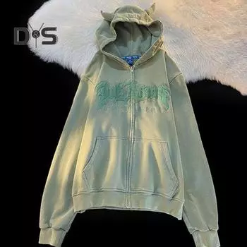 Женская осенне-зимняя куртка на молнии с капюшоном с буквенным узором Свободная толстая с длинным рукавом Теплый роговой декор Карманы Эластичные манжеты Женская куртка средней длины 2XL кофейный