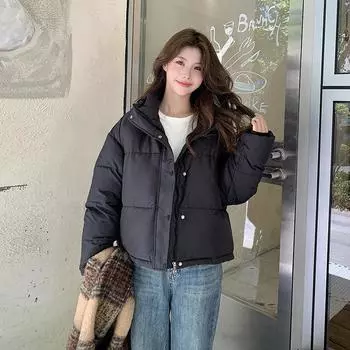 Женская осенне-зимняя куртка однотонная с капюшоном короткая свободная утолщенная ветрозащитная студенческая куртка женская куртка 5 цветов S чёрный
