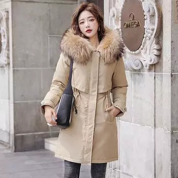 Женская осенне-зимняя куртка, парка, утепленная хлопковая подкладка, средней длины, с меховым воротником и капюшоном, регулируемая талия, однотонный цвет, M-6XL M бежевый