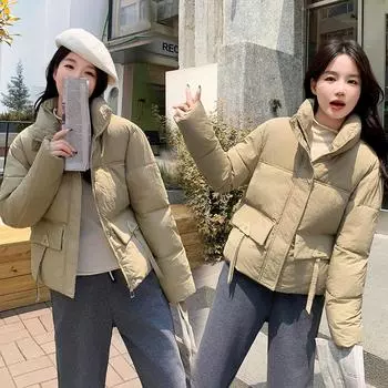 Женская осенне-зимняя куртка с большим карманом, однотонная, утепленная верхняя одежда из хлопка с воротником-стойкой, теплая короткая куртка, пальто M кофейный