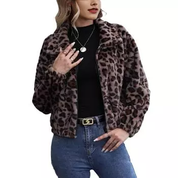 Женская осенне-зимняя куртка с длинным рукавом, отворотом, свободной застежкой-молнией, короткая плюшевая куртка с леопардовым принтом L