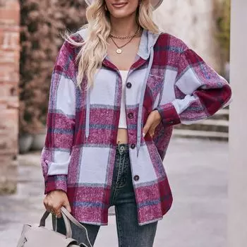 Женская осенне-зимняя куртка с капюшоном, повседневная рубашка средней длины в клетку S бордовый