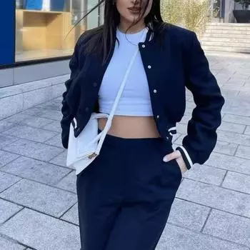 Женская осенне-зимняя куртка с коротким воротником-стойкой и длинным рукавом, однобортный кардиган с карманами, контрастного цвета, свободная женская уличная одежда, бейсбольное пальто S темно-синий