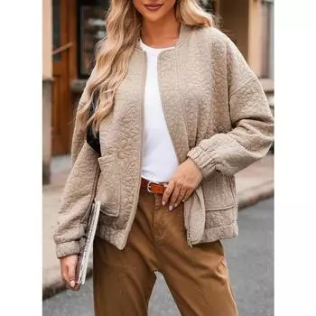 Женская осенне-зимняя куртка с круглым вырезом и длинными рукавами на молнии, теплая парка с большим карманом, шикарная однотонная куртка S хаки