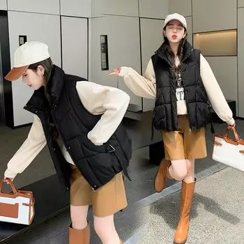 Женская осенне-зимняя куртка с воротником-стойкой, однотонная утепленная верхняя одежда из хлопка с подкладкой, без рукавов, свободный карман, теплая куртка, жилет M хаки