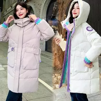 Женская осенне-зимняя куртка средней длины с капюшоном, свободная повседневная студенческая утепленная ветрозащитная теплая куртка