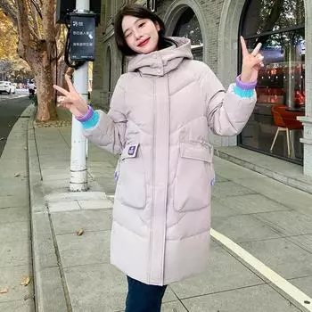 Женская осенне-зимняя куртка средней длины с капюшоном, свободная повседневная студенческая утепленная ветрозащитная теплая куртка M чёрный