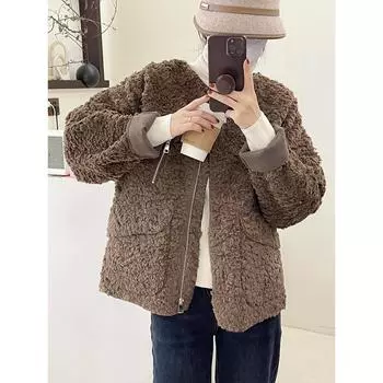 Женская осенне-зимняя меховая цельная тонкая пушистая повседневная шикарная куртка, свободная куртка на молнии M бежевый