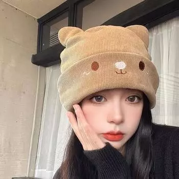 Женская осенне-зимняя милая теплая двухслойная вязаная шапка бежевый