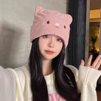 Женская осенне-зимняя милая теплая двухслойная вязаная шапка бежевый