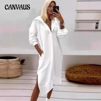 Женская осенне-зимняя мода длинный пуловер-свитшот с однотонным подолом и разрезом, длинная трикотажная юбка с капюшоном S белый