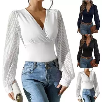 Женская осенне-зимняя мода повседневный шифоновый сращивающийся однотонный трикотажный топ с глубоким V-образным вырезом и длинными рукавами L чёрный