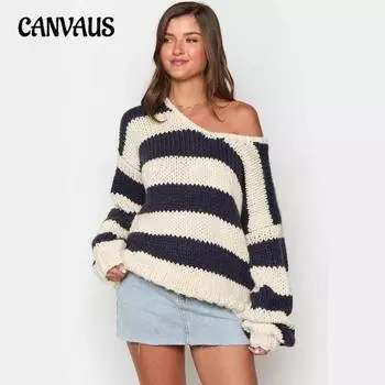 Женская осенне-зимняя мода Повседневный свободный вязаный свитер с косыми плечами Niche Dopamine Stripe Sweet Top S синий/белый