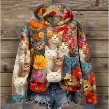 Женская осенне-зимняя мода с длинными рукавами, толстовка с капюшоном Harajuku Animal, женская толстовка с капюшоном, повседневный свитер большого размера 2025 года, верхняя одежда в стиле ретро S