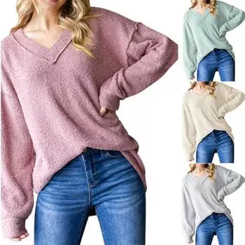 Женская осенне-зимняя мода с длинными рукавами и V-образным вырезом, свободный свитер-топ S абрикосовый